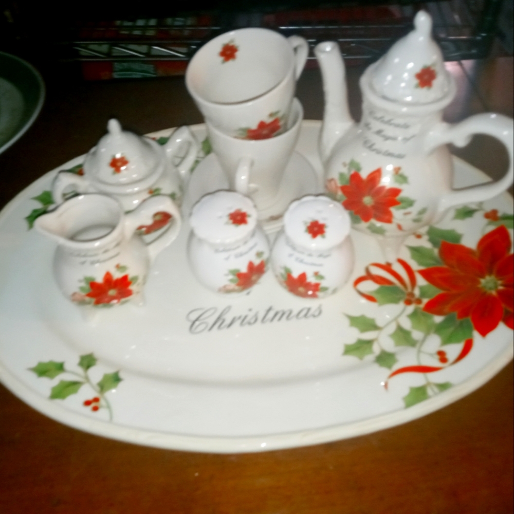 12 piece Xmas Stoneware seasonal tea set platter and salt and pepper shakers.